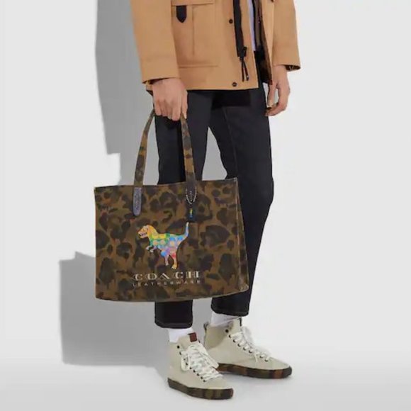 NWT Rare Coach Camo Rainbow Rexy Dinosaur Leather Tote Purse Canvas Case bag FOB - Picture 10 of 11